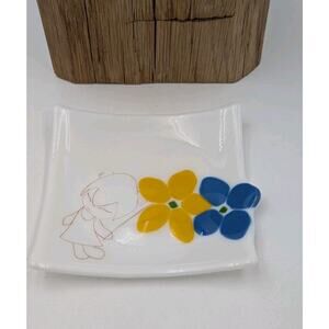 Fused Glass Dish Plate Girl with Yellow & Blue Flowers 5.5” Square Handmade Art